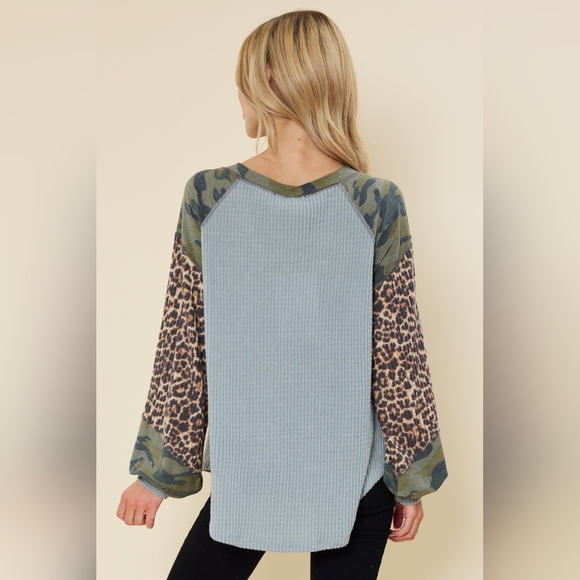Patchwork Animal Print Camo Thermal Long Sleeve Tee Top Grey - Picture 3 of 3